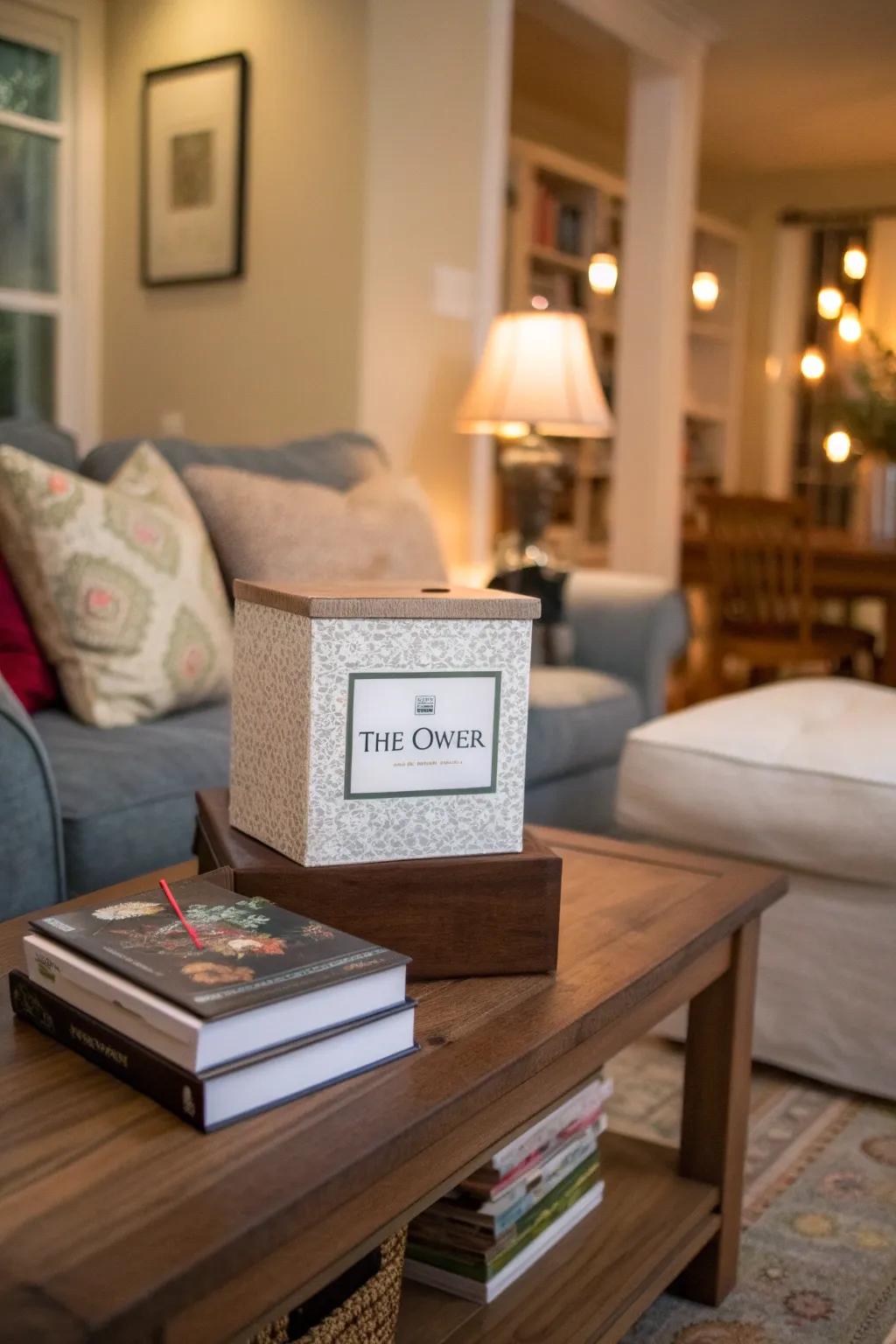 A personalized suggestion box in a cozy living room.