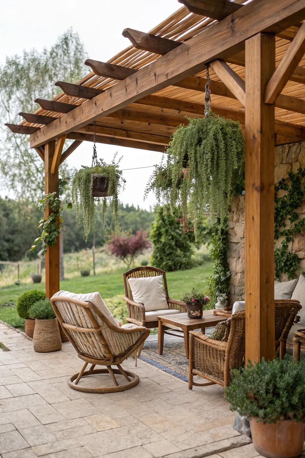 A wooden overhang brings warmth and protection to your patio.