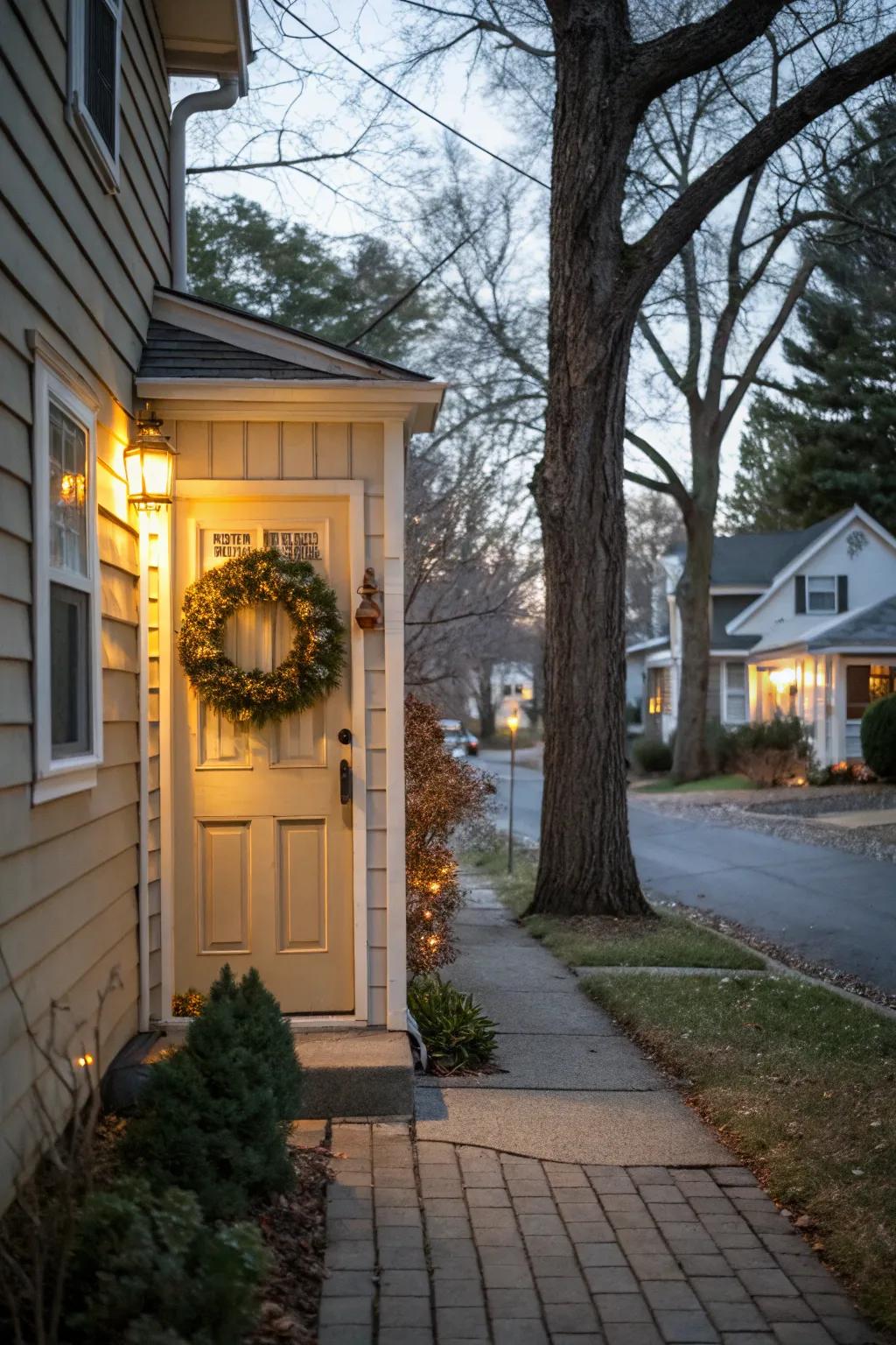 A wreath provides a welcoming detail to the entrance.