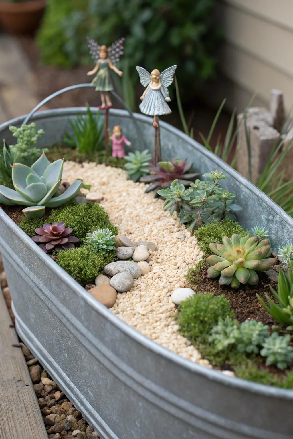 An enchanting fairy garden set in a rustic galvanized tub.