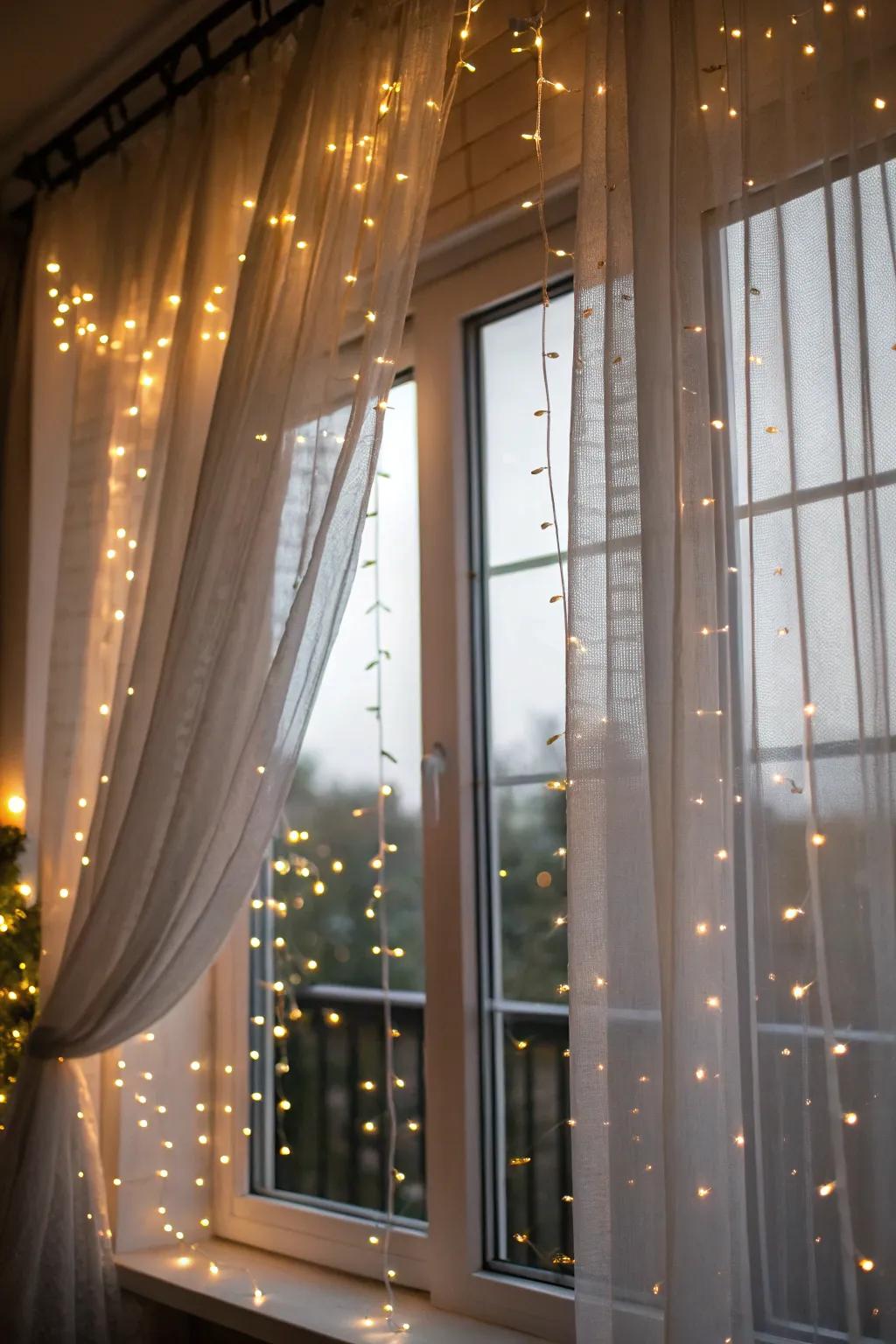 A window transformed with a curtain of fairy lights, adding whimsy to the room.