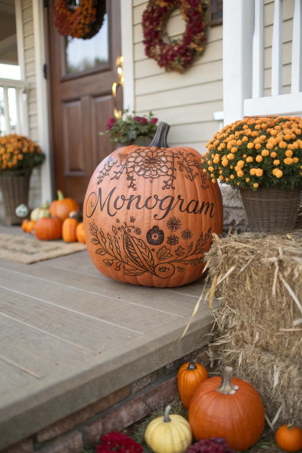 Monogrammed pumpkins add a personal touch to your fall decor.