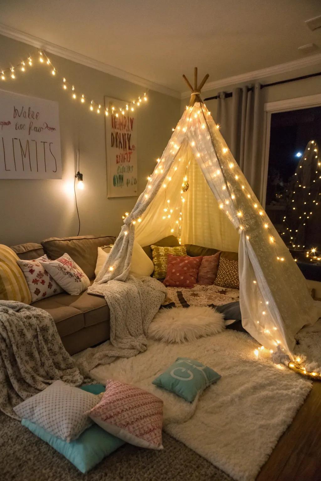 Relive childhood fun with a snug blanket fort.