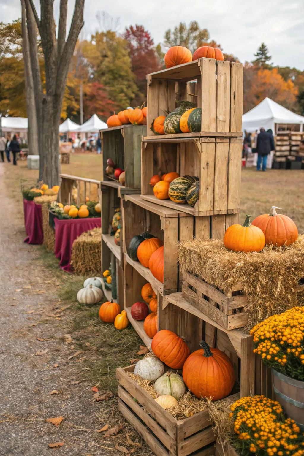 Wooden crates make for charming displays at a fall festival.