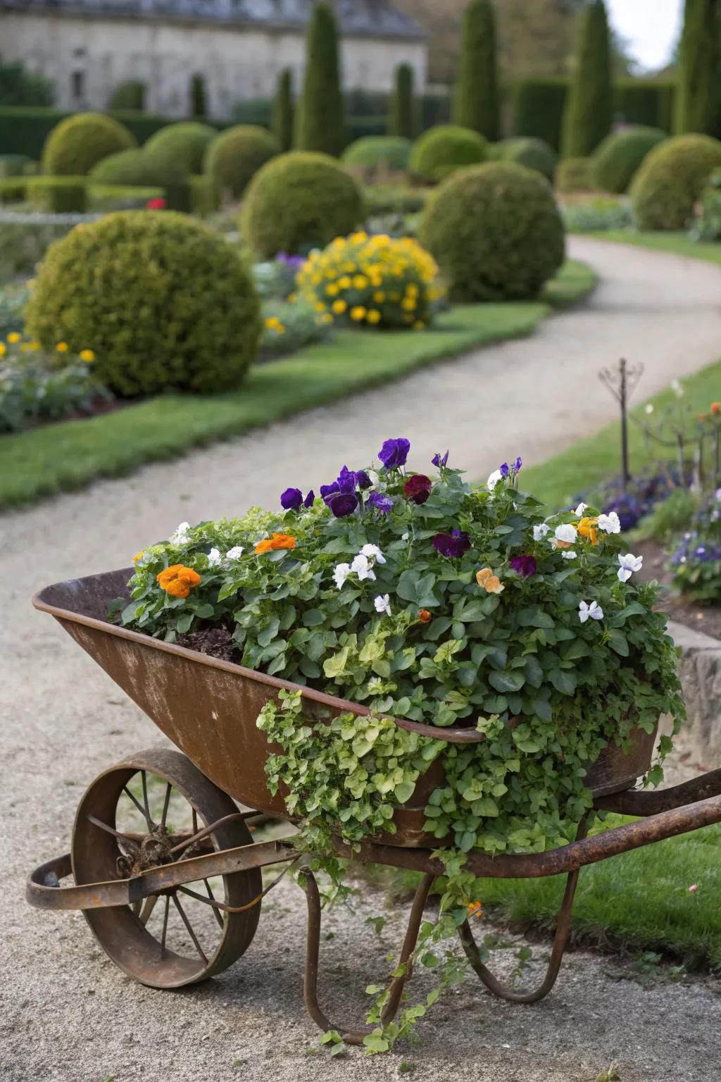 A whimsical wheelbarrow planter adds charm and character to any garden.