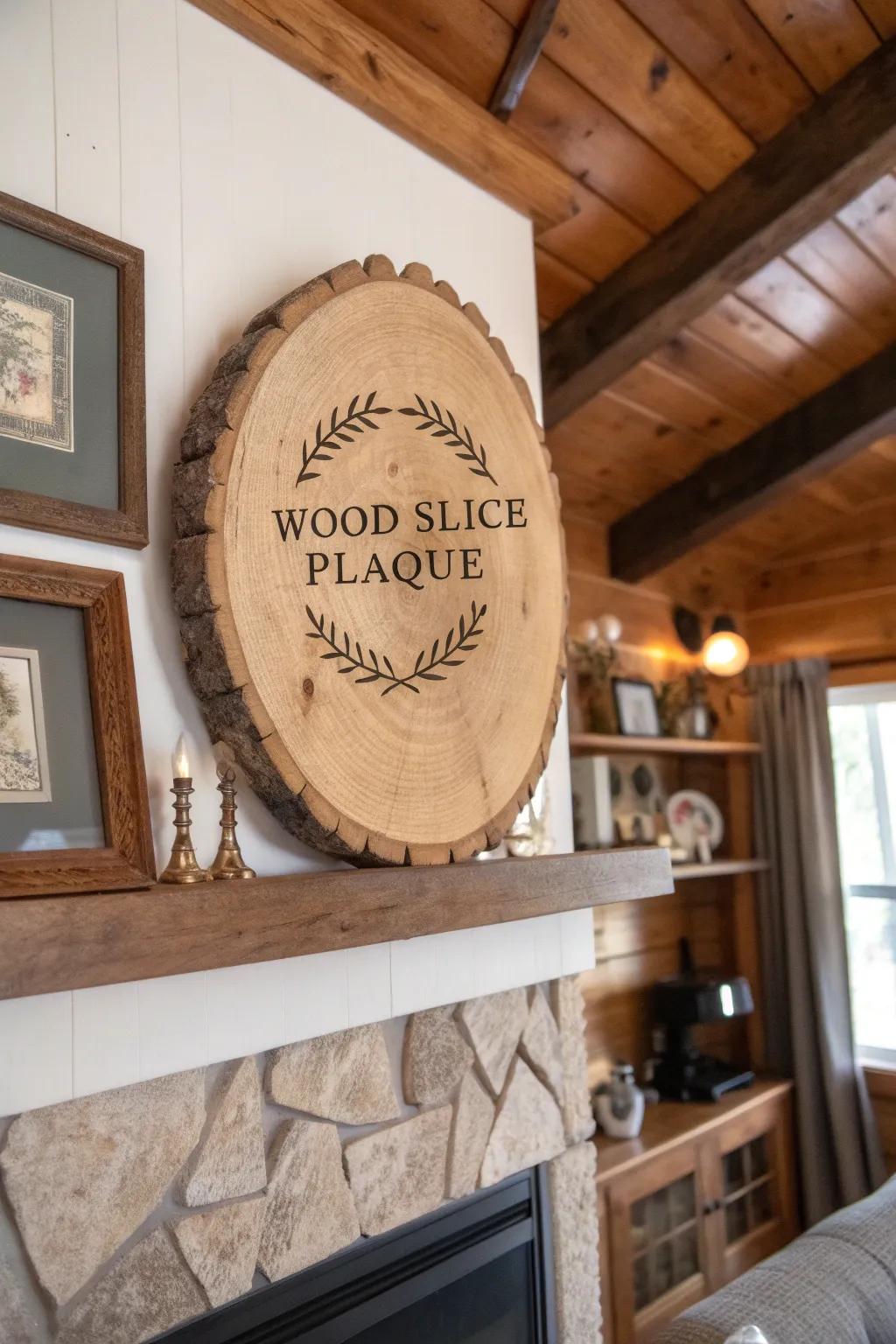 Bring nature indoors with a rustic wood slice plaque.