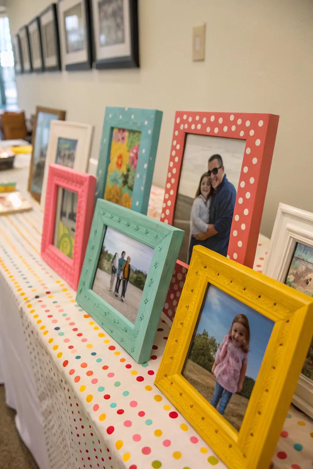 Hand-painted picture frames add a personal touch to family photos.