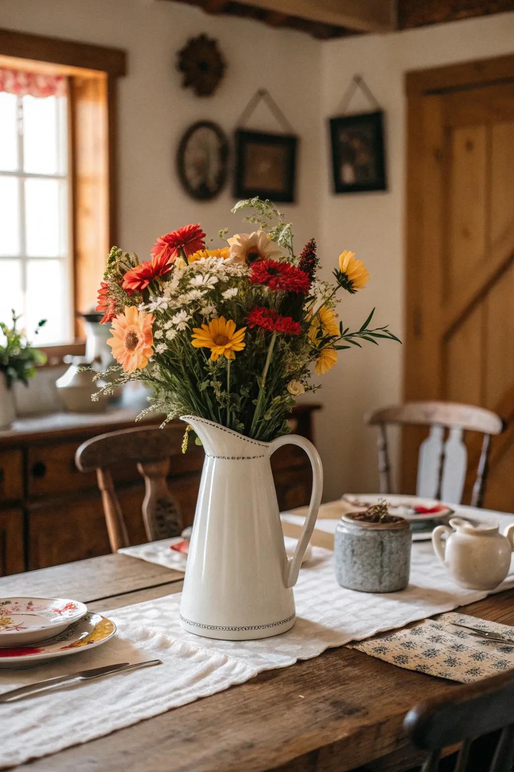 A vintage pitcher filled with flowers adds nostalgia and elegance to a farmhouse centerpiece.