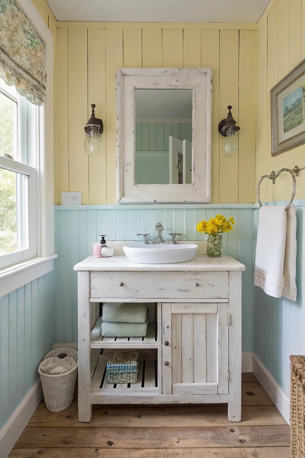 A light and airy farmhouse bathroom showcasing a whitewashed vanity.