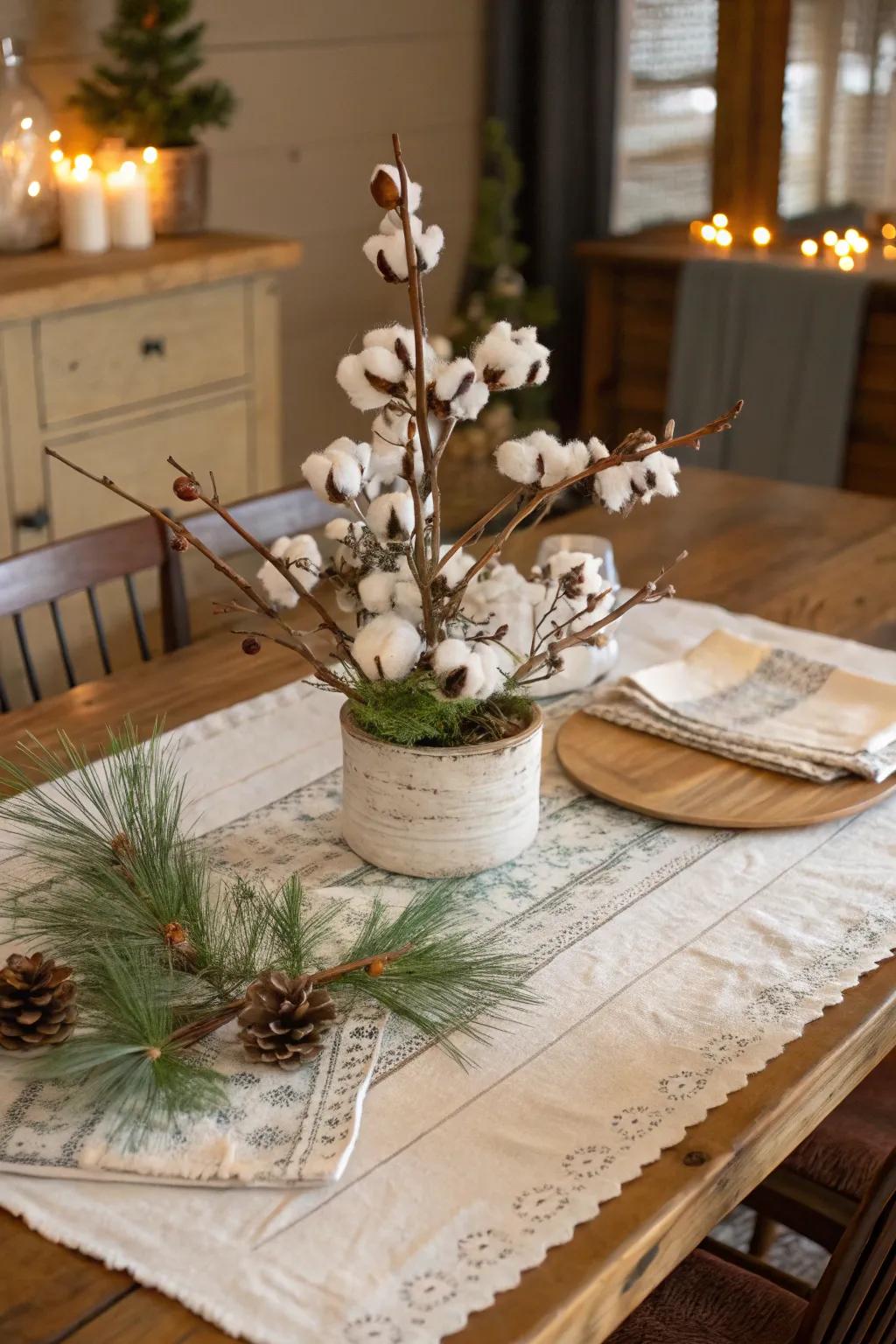 Natural centerpiece with cotton branches on a farmhouse dining table.