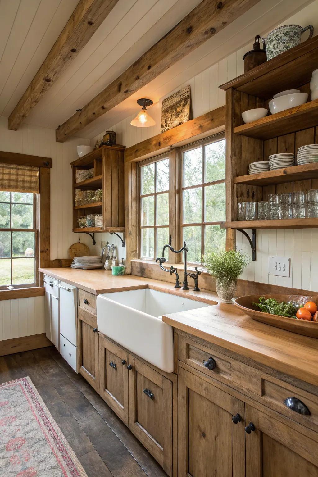 A farmhouse kitchen combines charm with functionality.