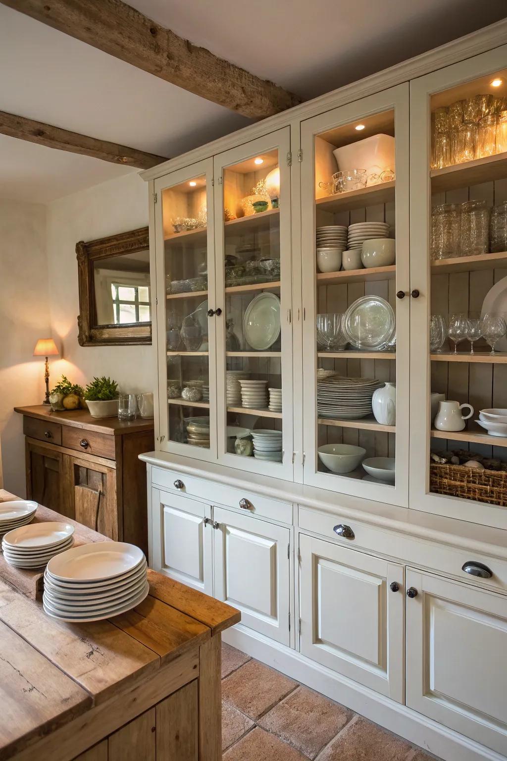 Farmhouse kitchen featuring glass-front cabinets displaying dishware.