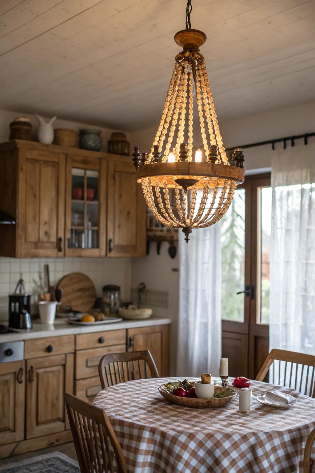 Wood beaded chandelier brings warmth and texture to the kitchen.