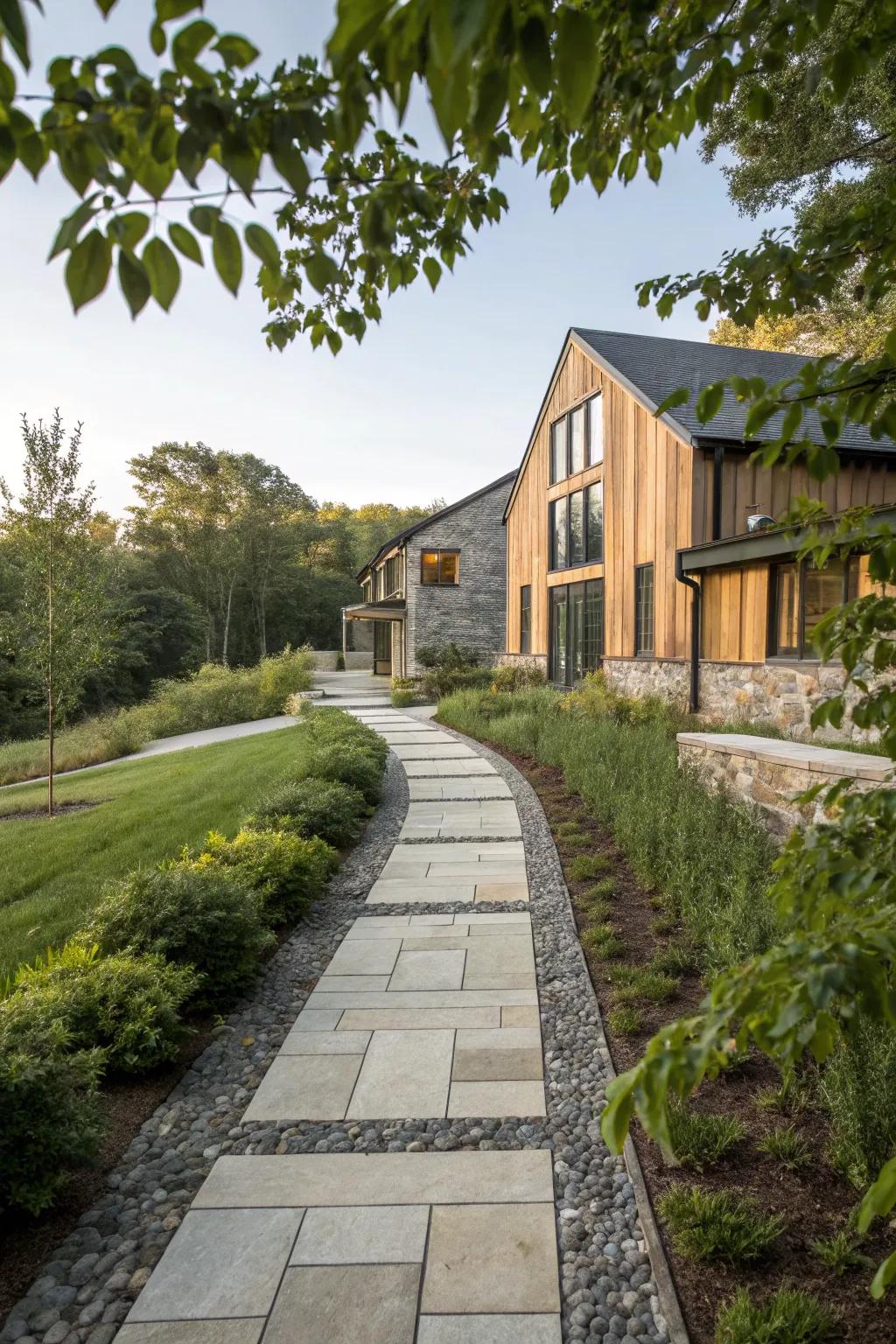 Mixed materials bring complexity and charm to this farmhouse walkway.