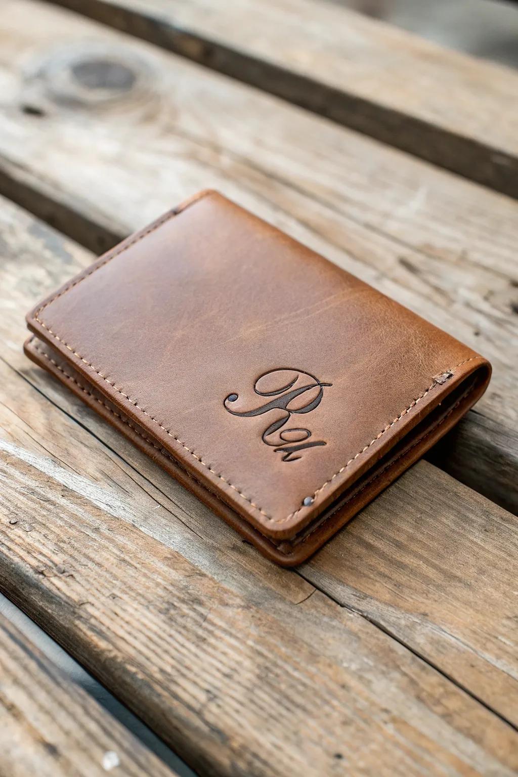 A personalized handcrafted leather wallet.