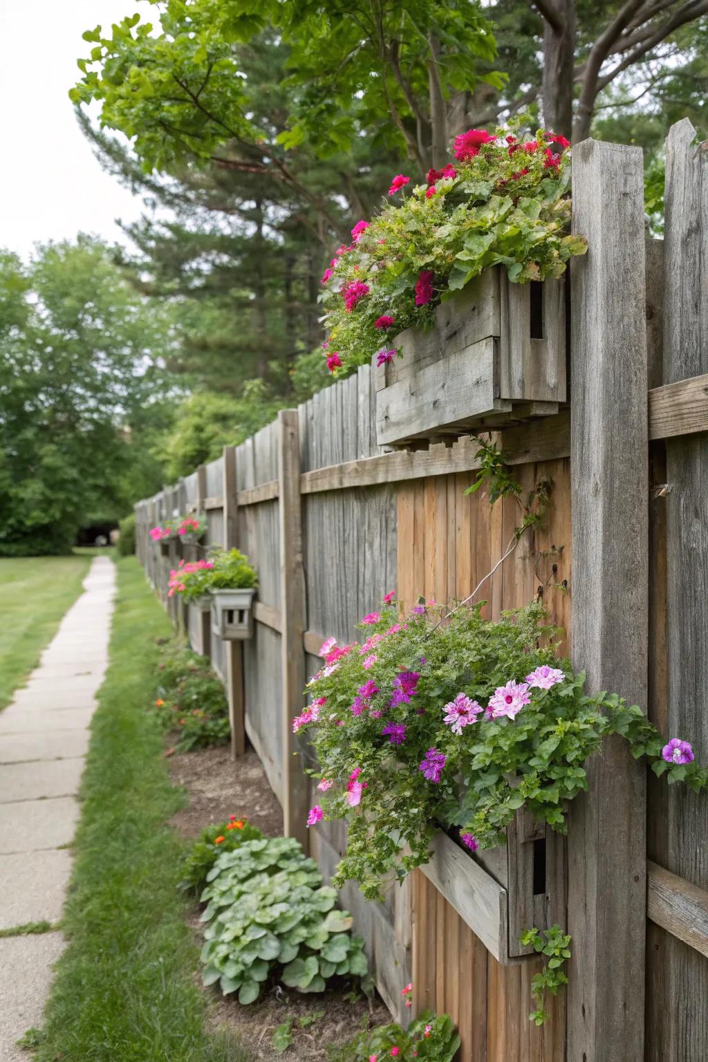 Hanging planter boxes create a dynamic visual effect on your fence.