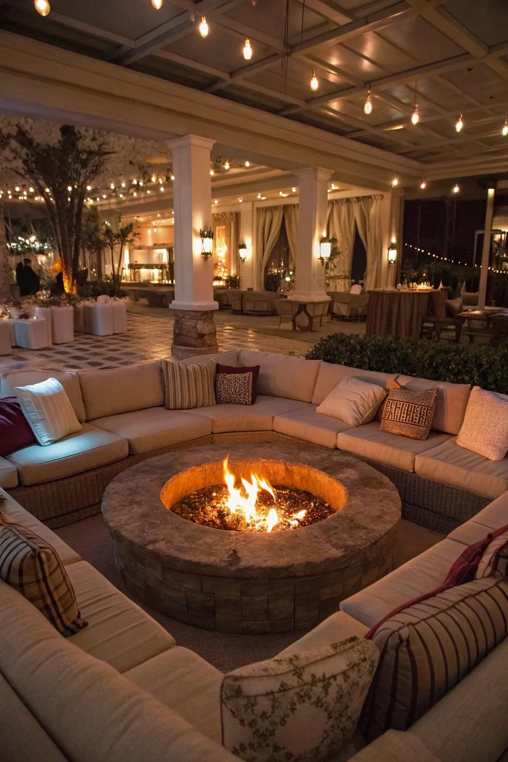 A sunken fire pit lounge provides an intimate and cozy atmosphere for gatherings.