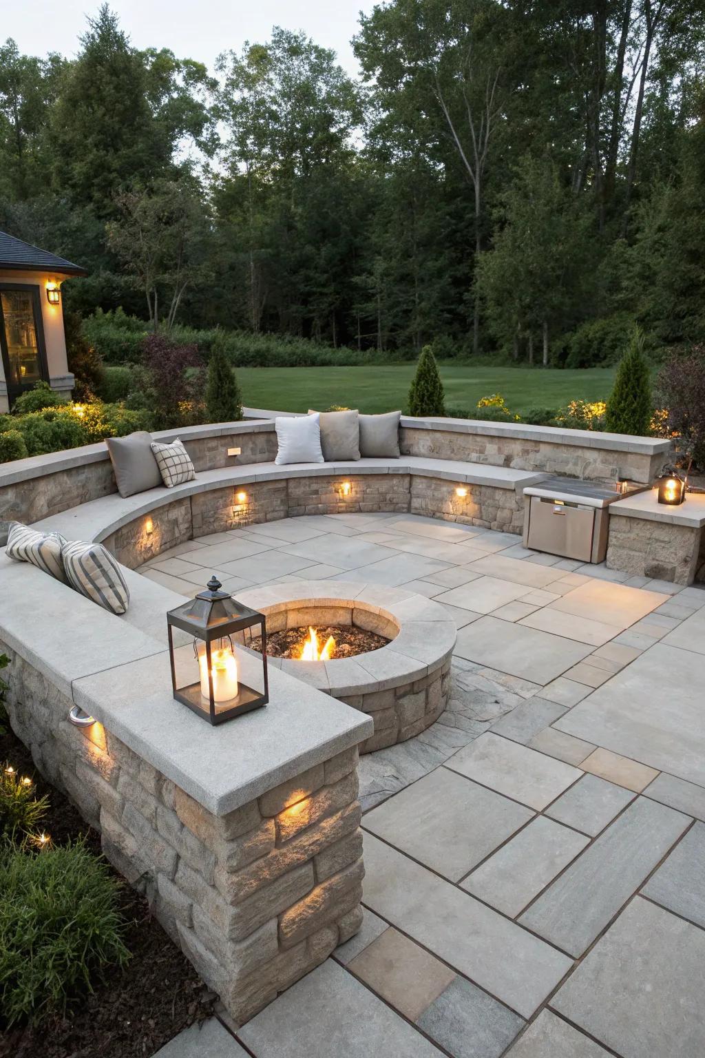 Built-in stone seating provides a durable and elegant fire pit seating option.