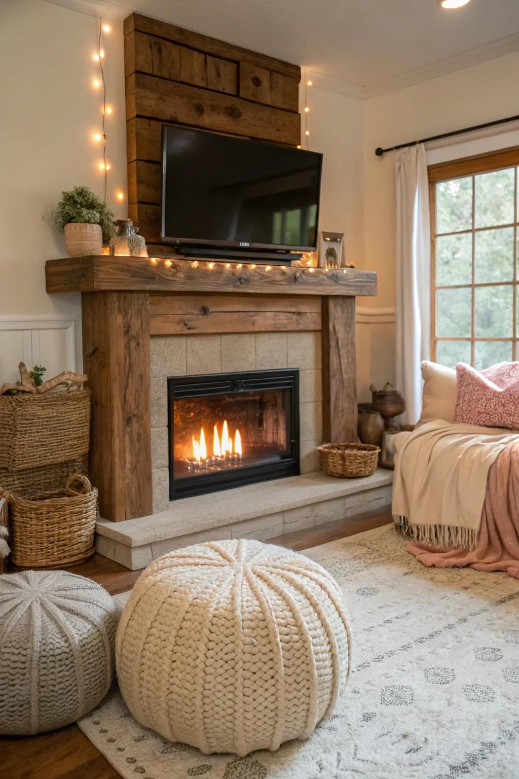 The hearth becomes a cozy, inviting space with the right accents.