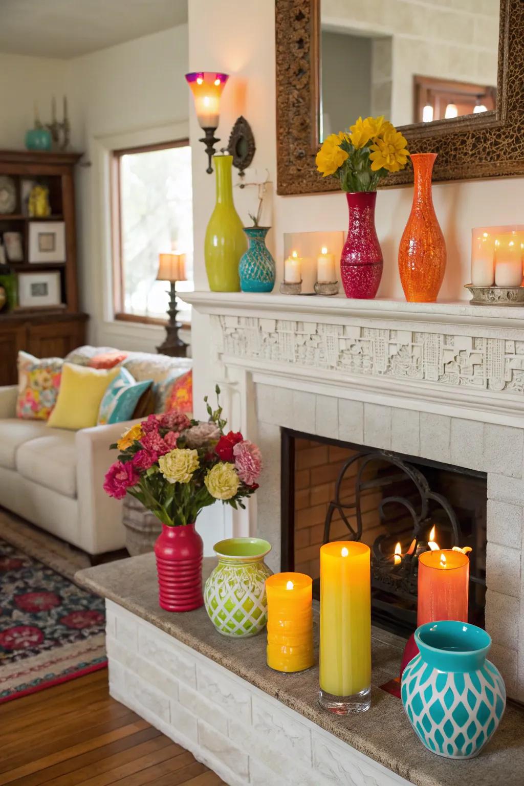 Colorful accents add vibrancy to this fireplace decor.