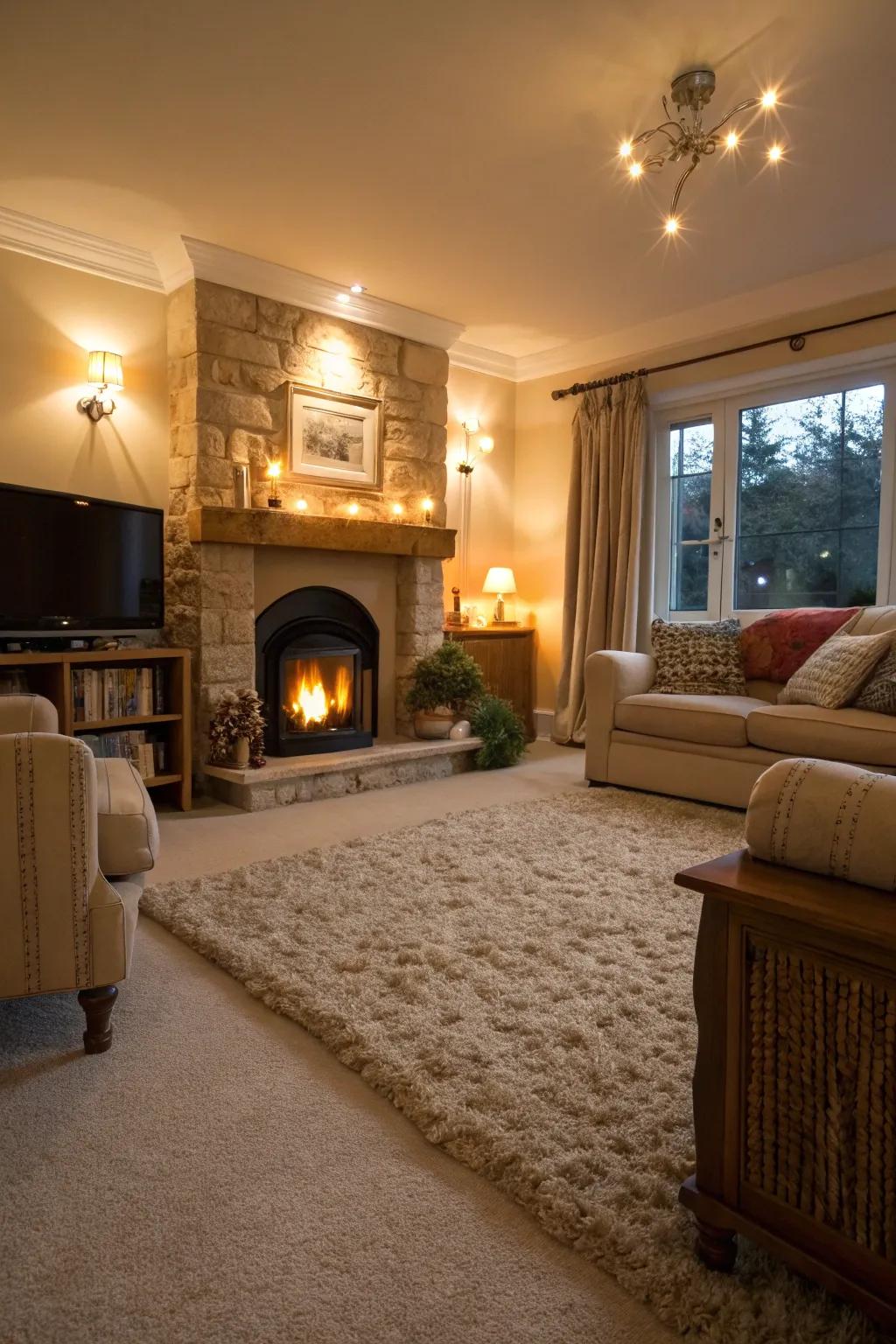 Carpet near a fireplace can be cozy and stylish with the right materials.