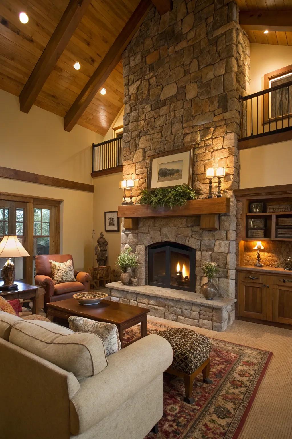 A rustic stone fireplace adding warmth and texture to a cozy living space.