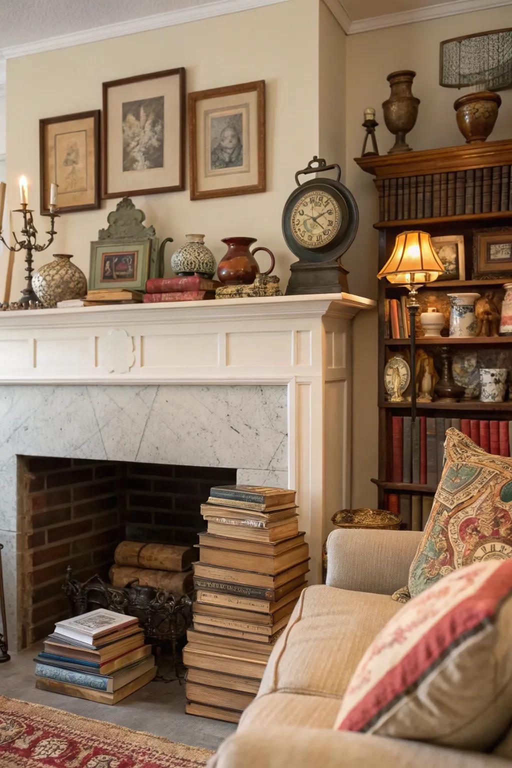 Old books can infuse your mantel with vintage charm and history.