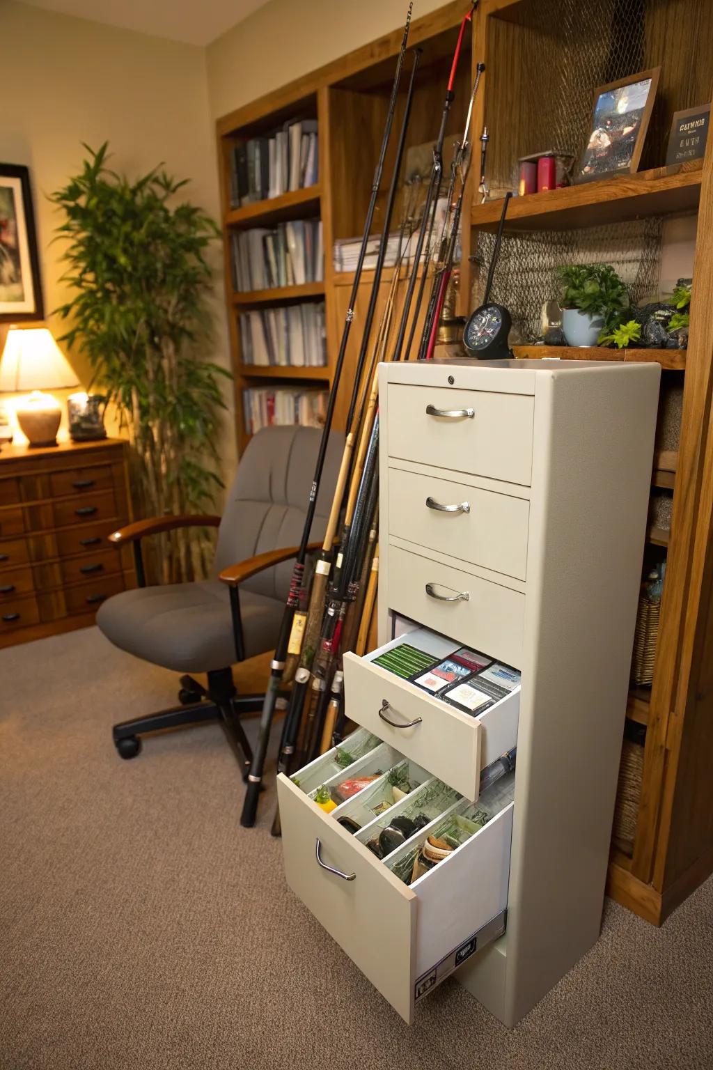 A filing cabinet ingeniously stores fishing tackle and gear.