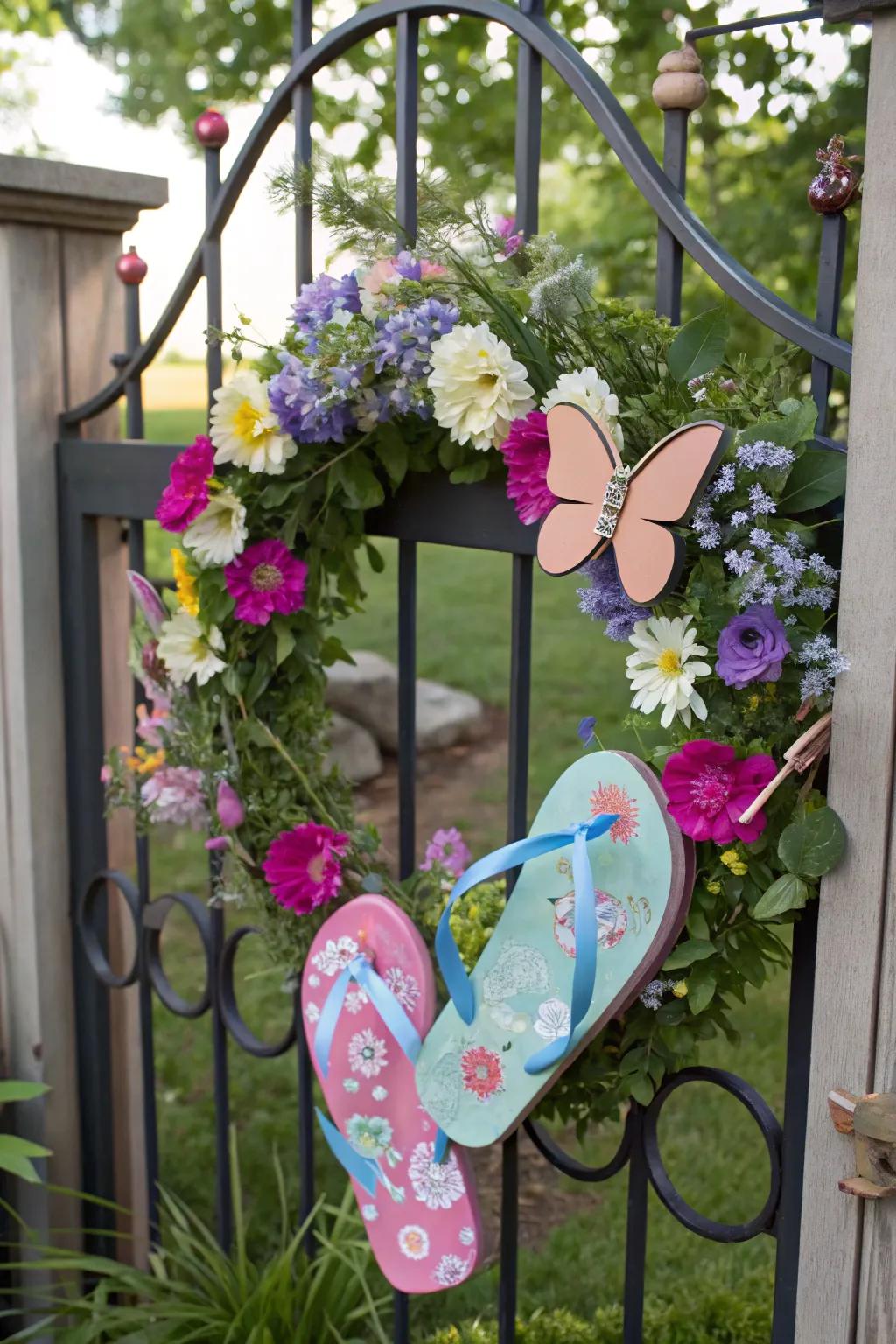 A garden party flip flop wreath, perfect for outdoor summer events.