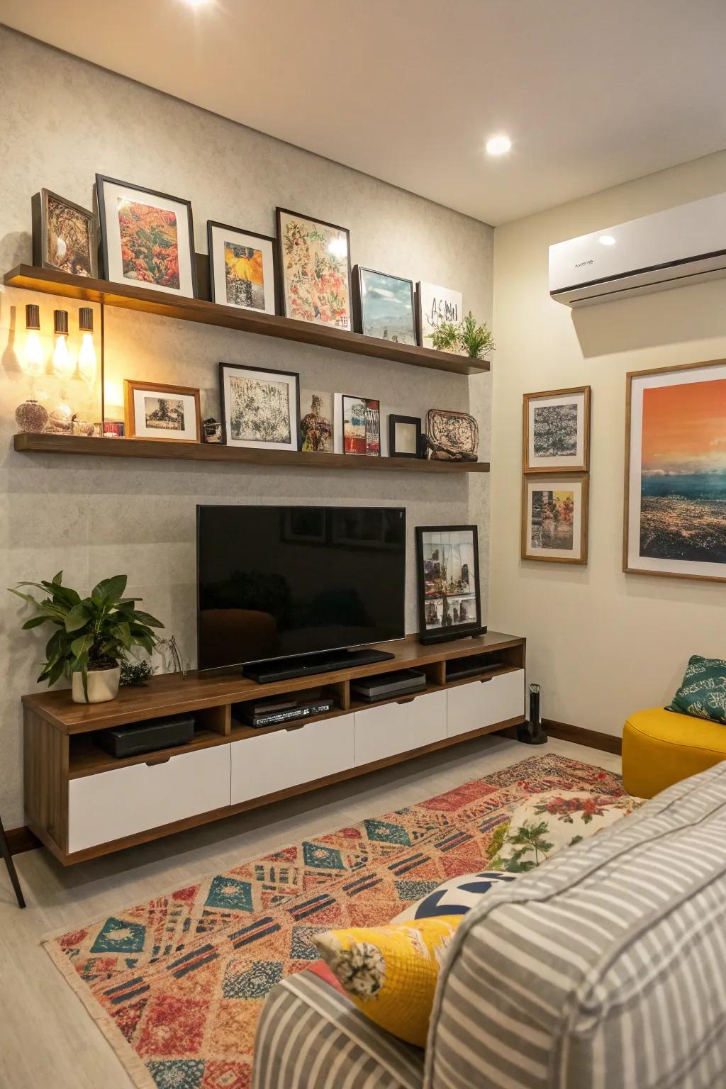 Floating shelves transform a TV wall into a personal art gallery.