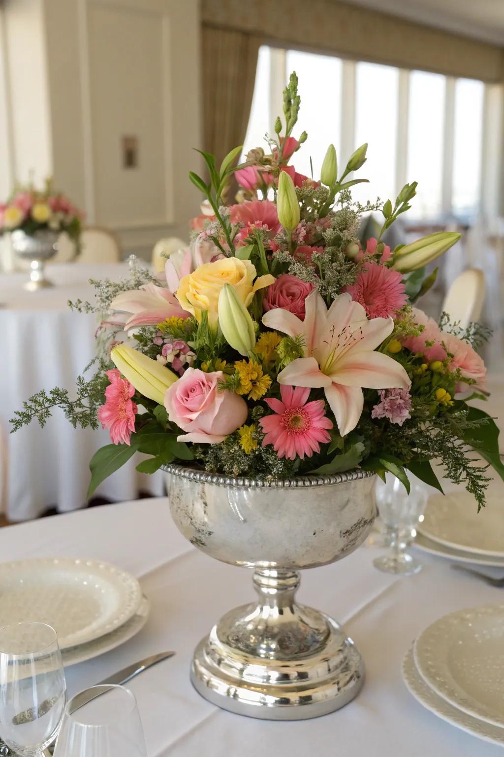 Symmetrical floral centerpiece in a silver bowl.