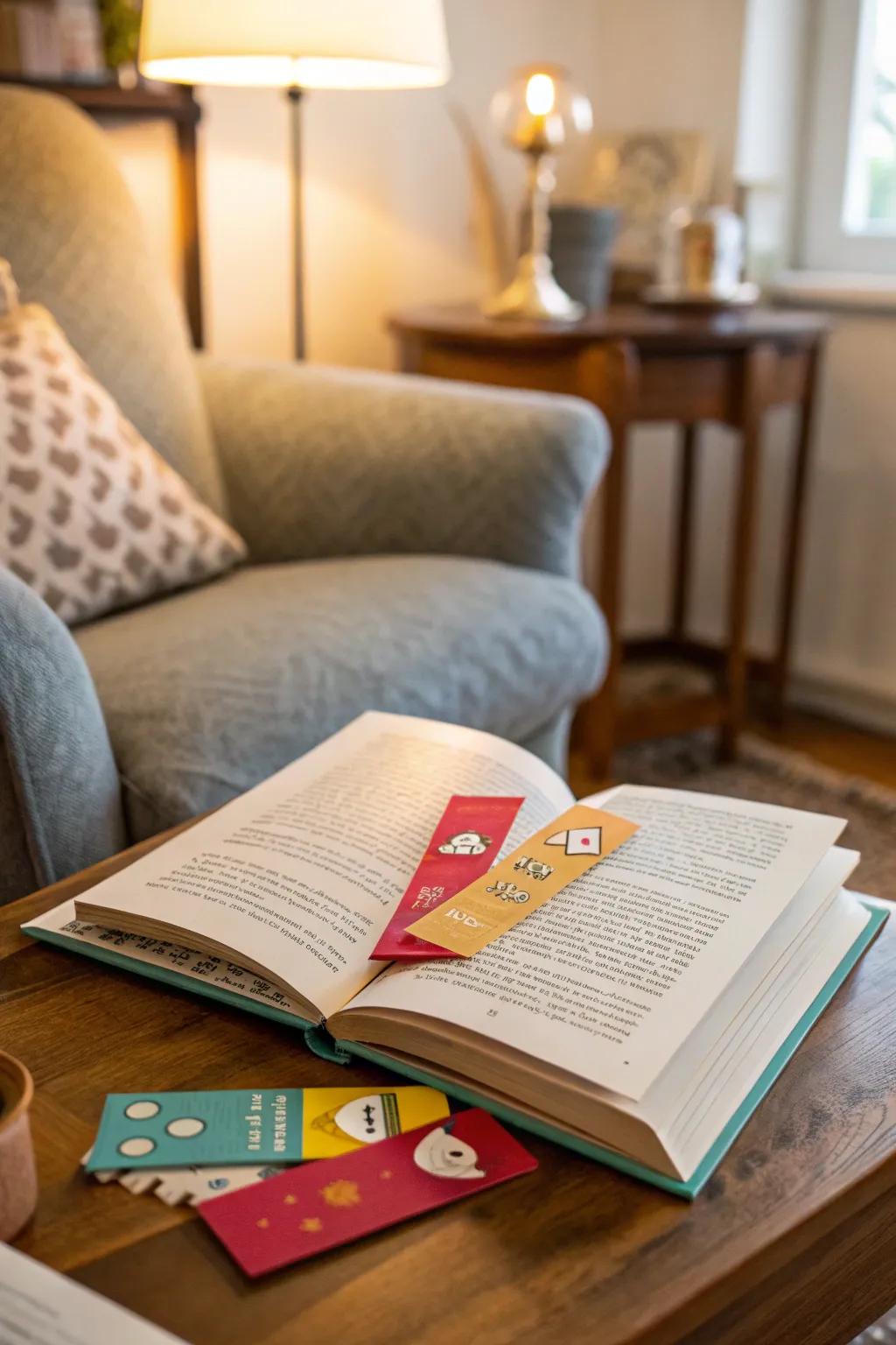 Quirky foam paper bookmarks peeking out from cherished books.