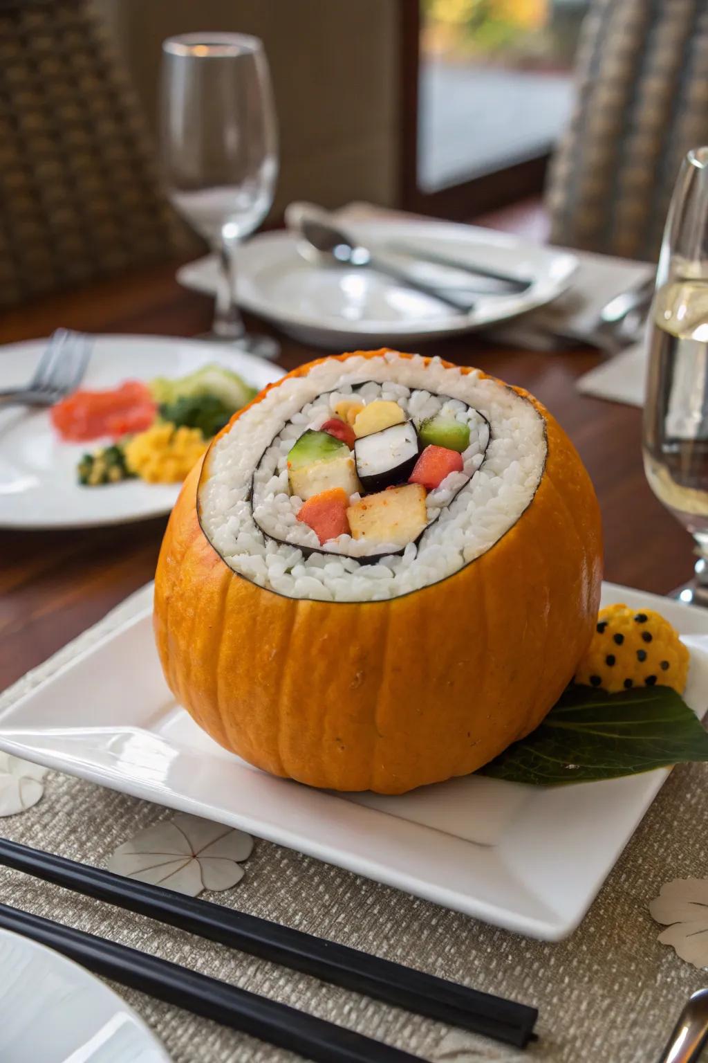 Sushi roll pumpkins for a unique and savory decor idea.