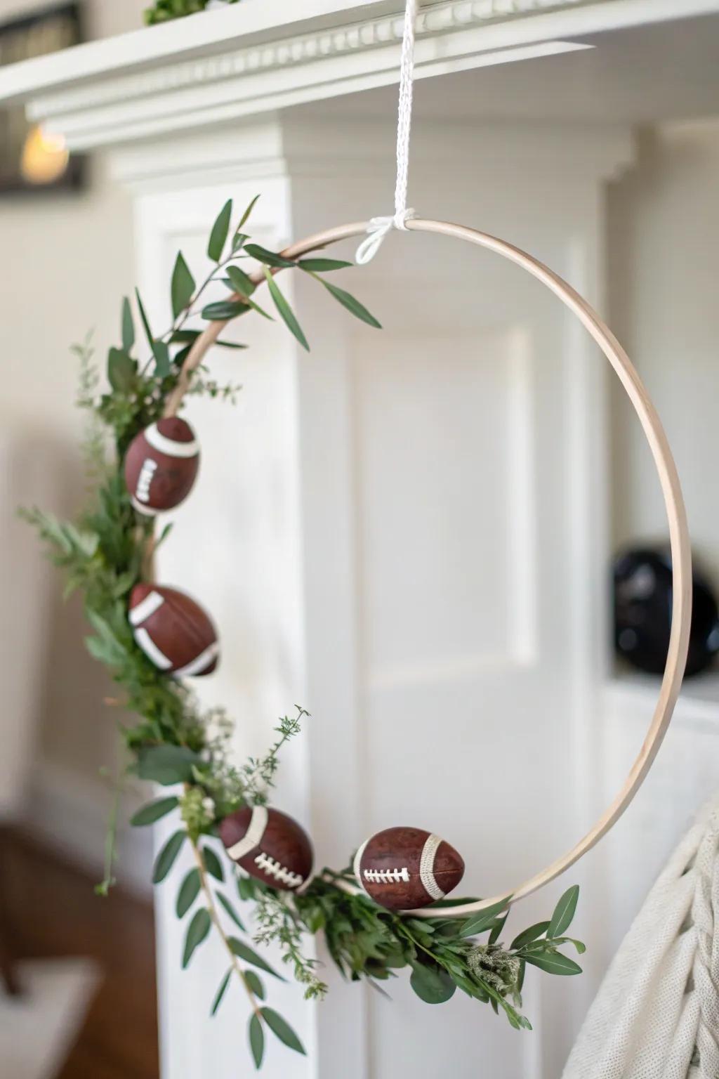 A minimalist hoop wreath with a sleek football theme for modern spaces.