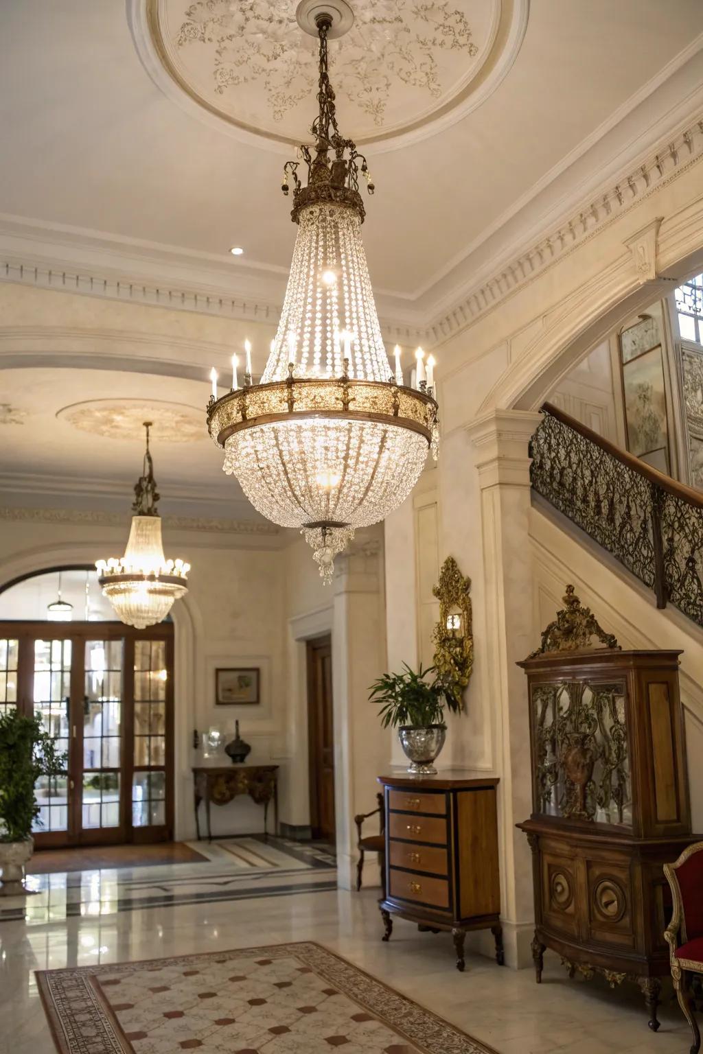 A vintage chandelier adds timeless elegance to this entryway.