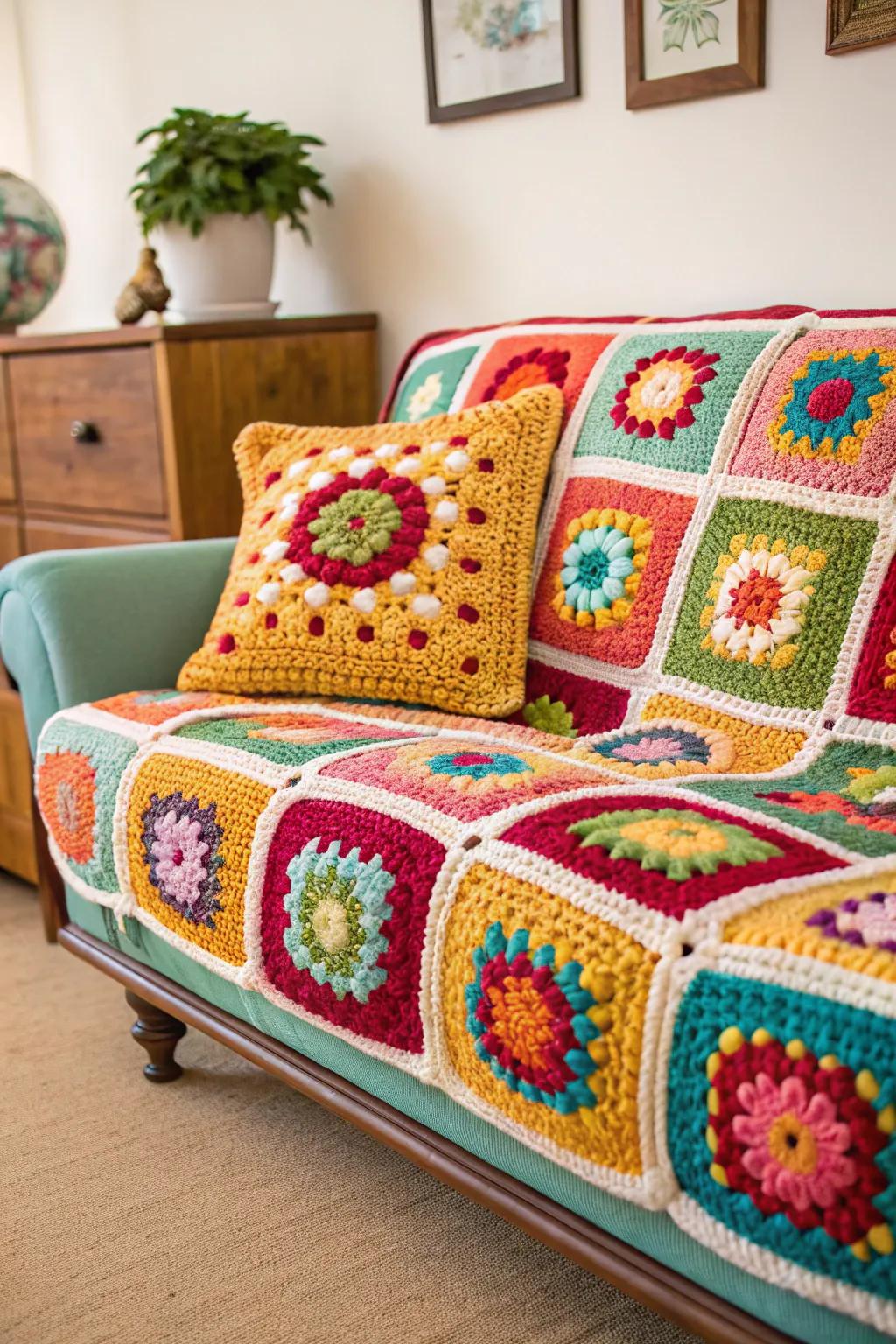 Granny square pillows adding retro flair to a cozy sofa.