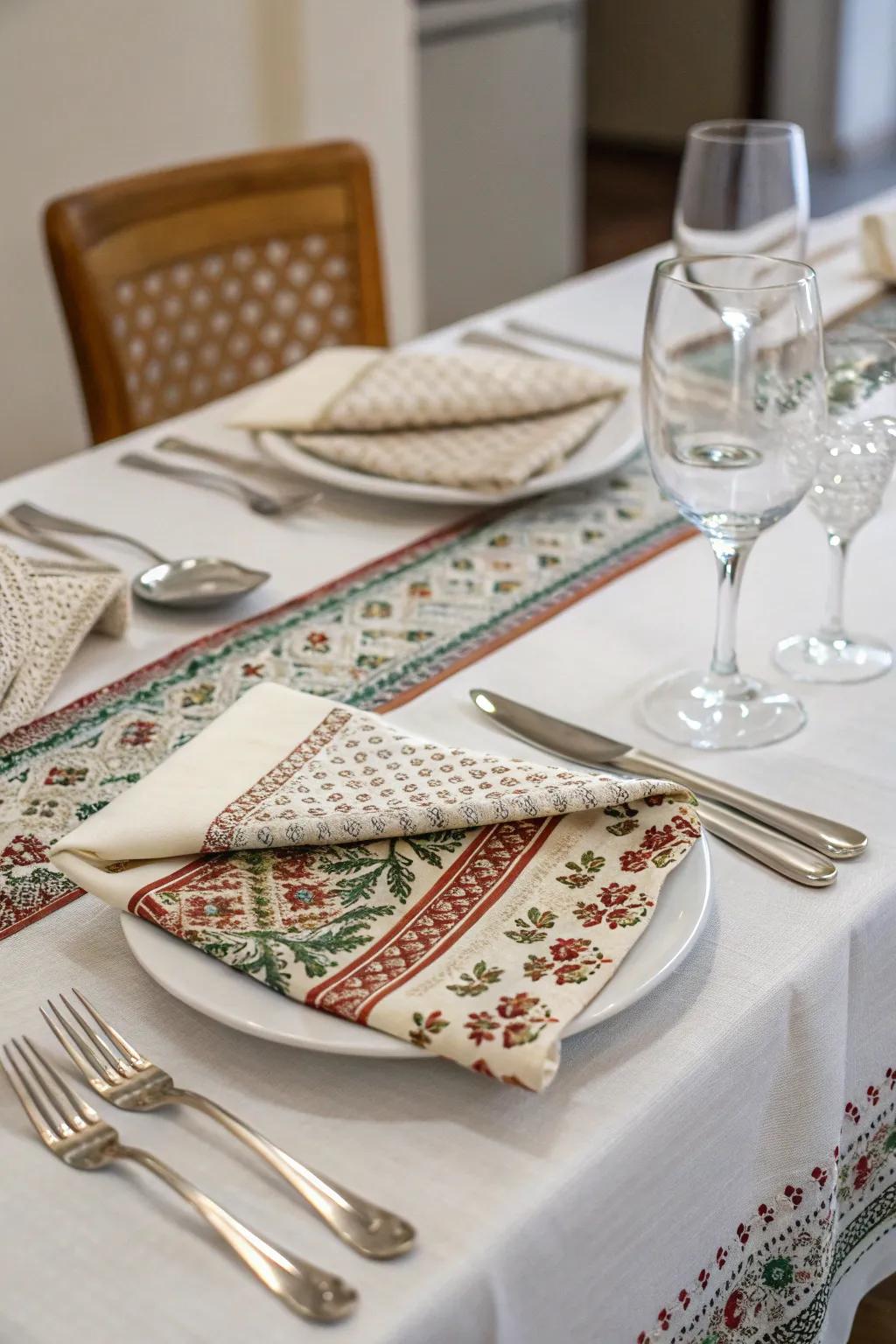 Patterned napkins add a colorful touch to a classic French table setting.