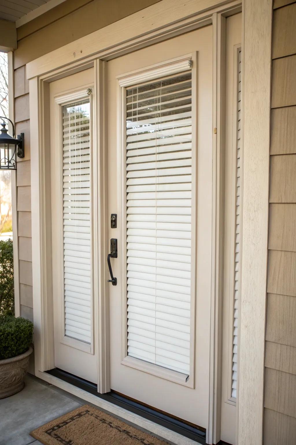 Faux wood blinds merging practicality with elegance at the front door.