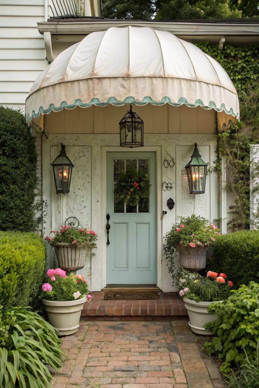 Classic canvas canopy adding charm to a traditional home.