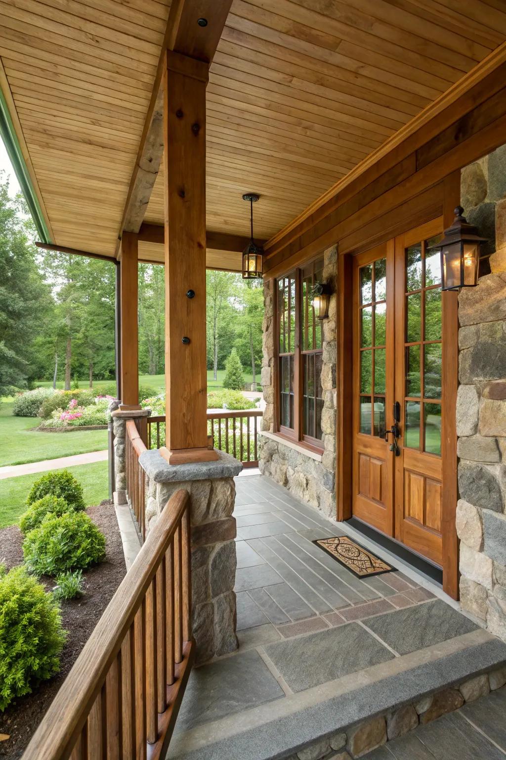 Natural materials add texture and warmth to the porch.