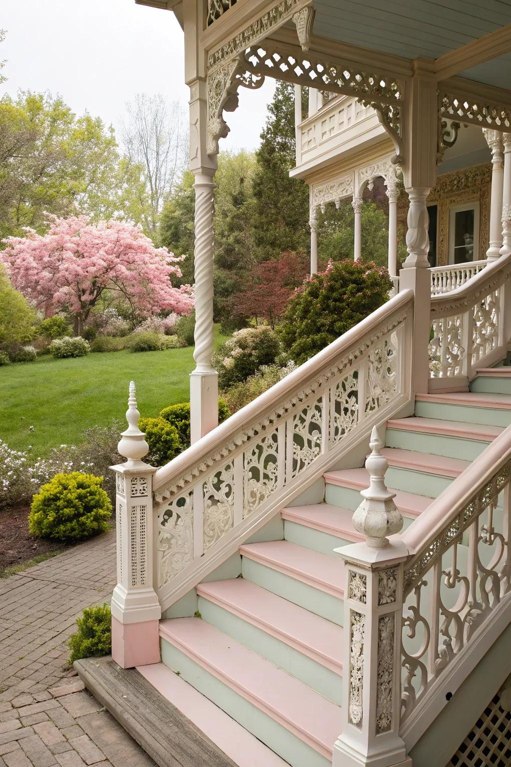 Victorian charm with carved railings and pastel tones.