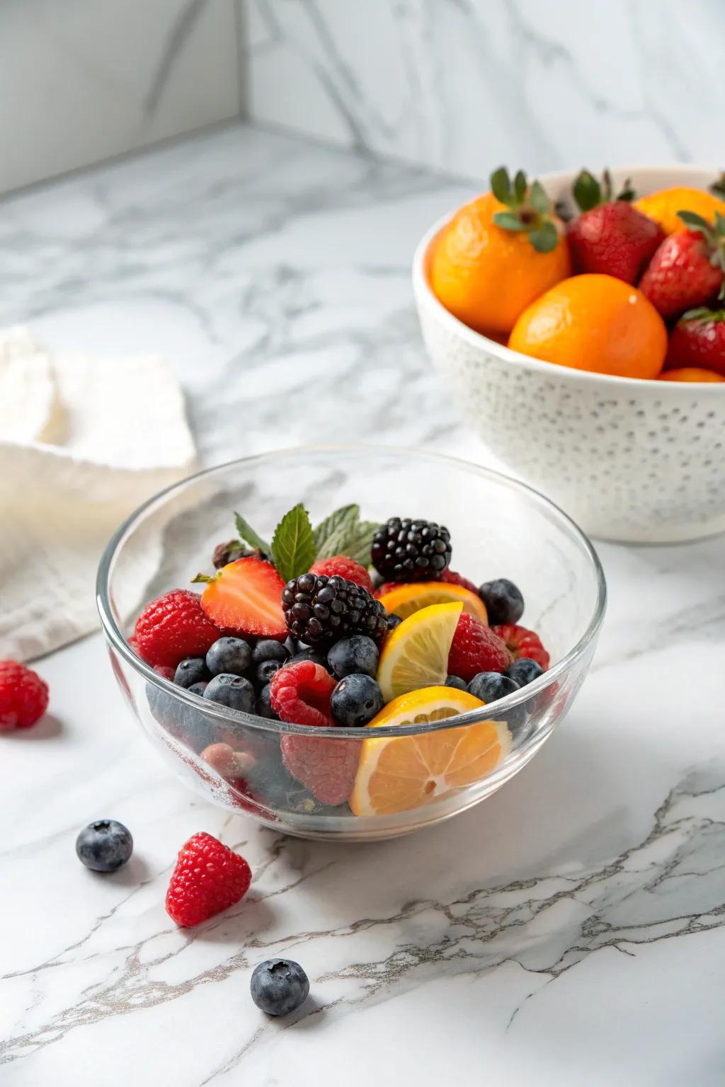 Glass bowls highlight the natural beauty of fresh fruits.