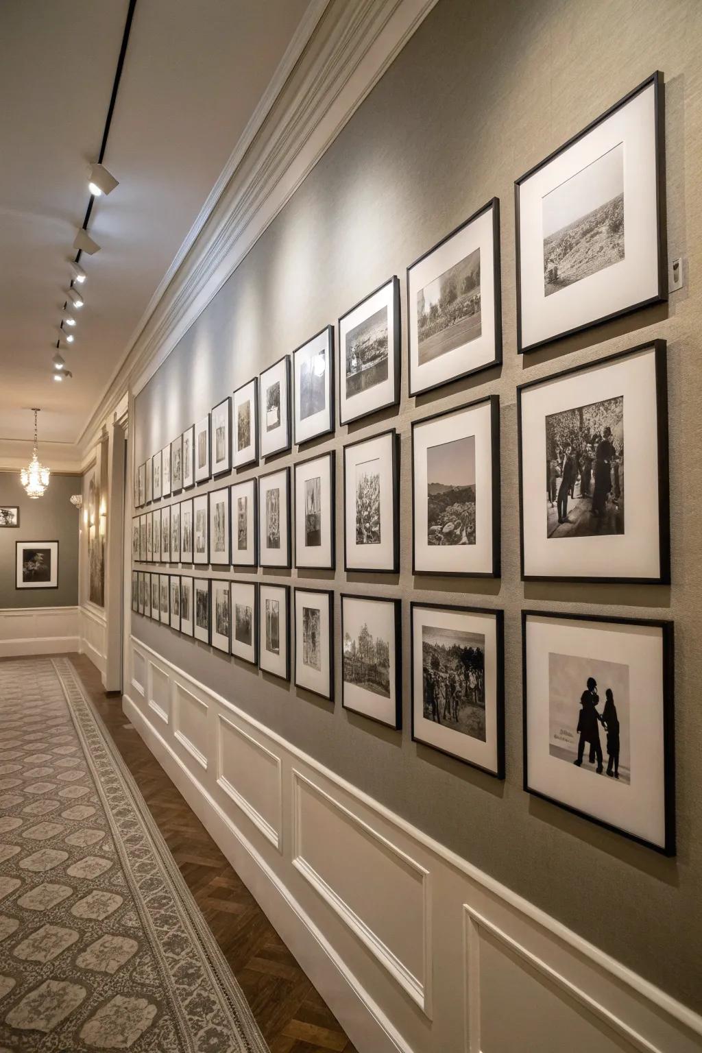 A monochromatic gallery wall with black and white photos for an elegant look.