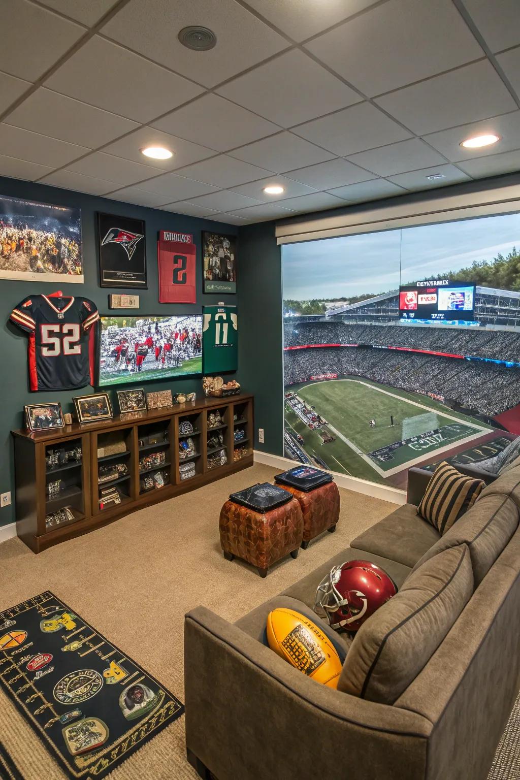 A sports stadium-themed game room mural for the ultimate fan experience.