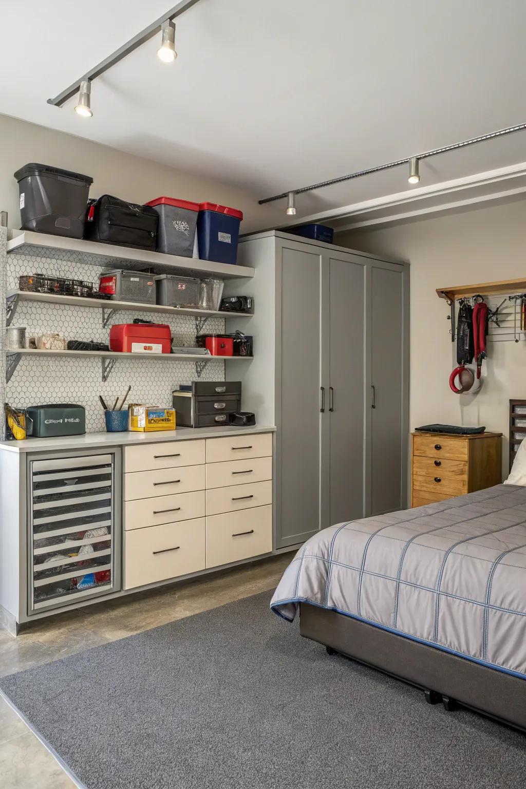 Built-in storage helps maintain a clean and organized garage bedroom.