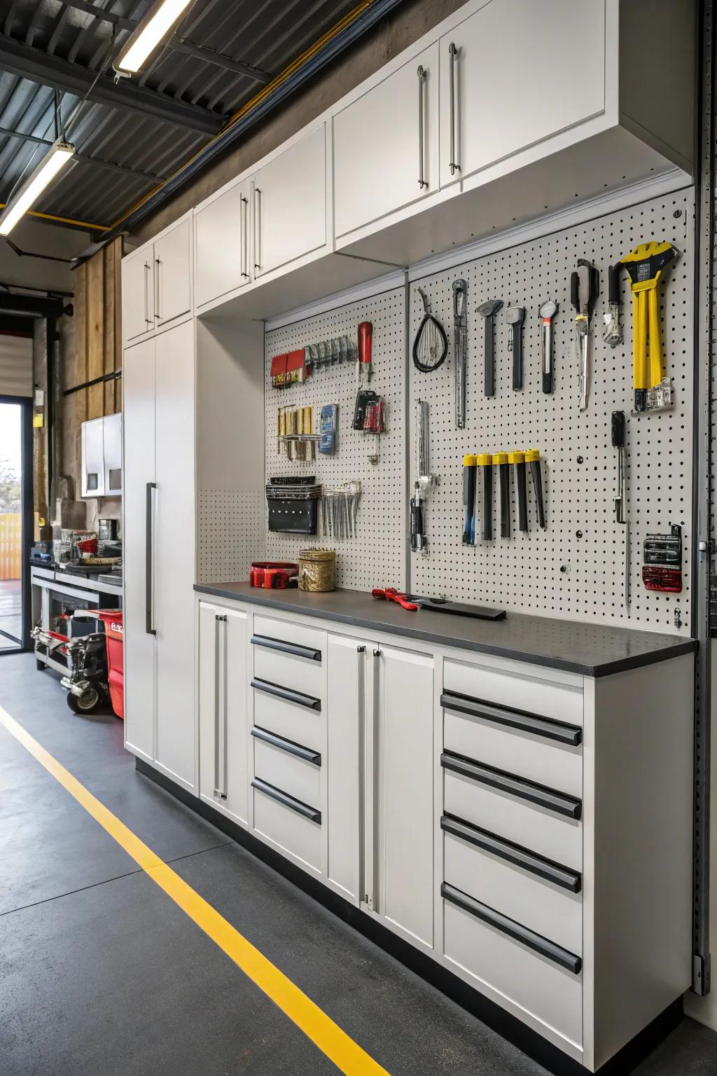 Pegboard panels provide easy access to tools.