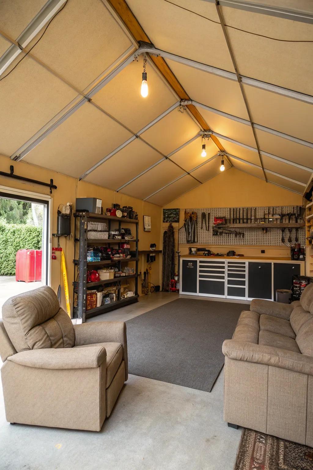 A warm beige ceiling offers a cozy and inviting feel.