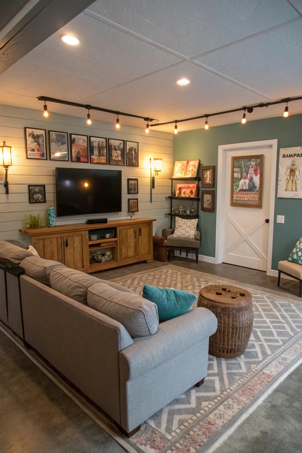 A family room designed for relaxation and entertainment in a converted garage.