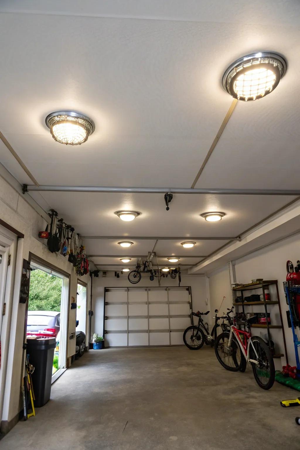 Semi-flush mount lights add style and effective lighting in garages with adequate ceiling height.