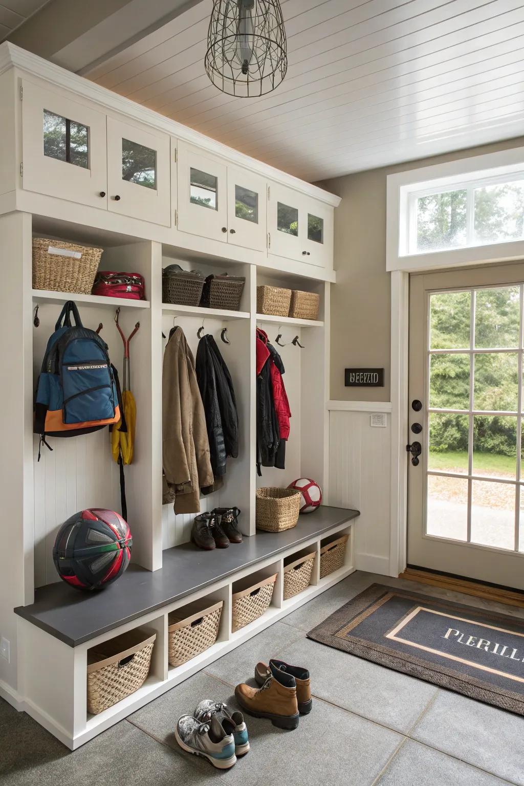 Personalized storage zones in a garage mudroom help keep family items organized.